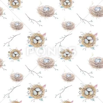 Watercolor natural floral vintage seamless pattern with nests,wr Stock Photos