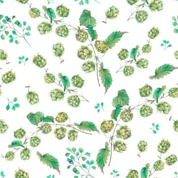 Watercolor natural seamless pattern of hops Stock Illustration