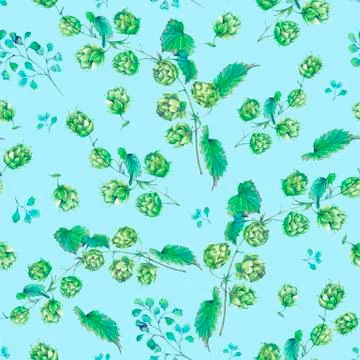 Watercolor natural seamless pattern of hops Stock Illustration