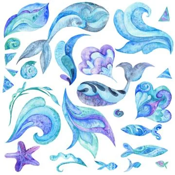 Watercolor Nautical Design Elements Set Stock Illustration