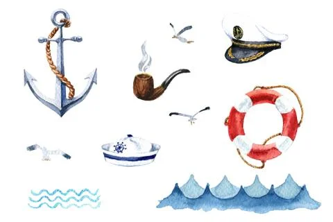 Watercolor nautical set of design elements Stock Illustration