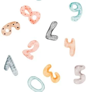 Watercolor Numbers seamless pattern. Cute baby ornament of colorful numbers Stock Illustration