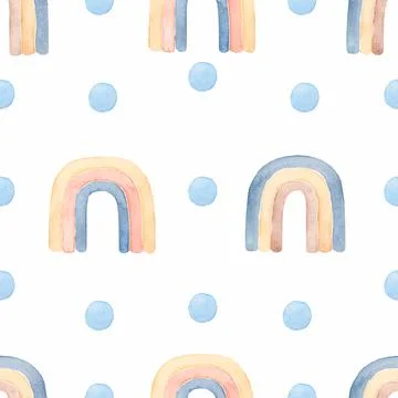 Watercolor nursery boho raindow pattern in neutral decicate blue, yellow, p.. Stock Illustration