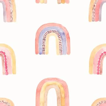Watercolor nursery boho raindow pattern in neutral decicate blue, yellow, p.. Stock Illustration