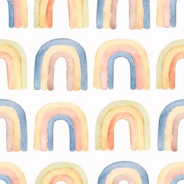 Watercolor nursery boho raindow pattern in neutral decicate blue, yellow, p.. Stock Illustration
