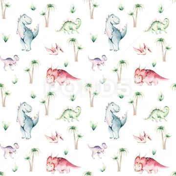 Watercolor nursery Dinosaur seamless pattern Tyrannosaurus Rex ...