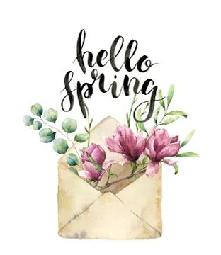 Watercolor old envelope with spring greenery, eucalyptus and magnolia. Hand Stock Illustration