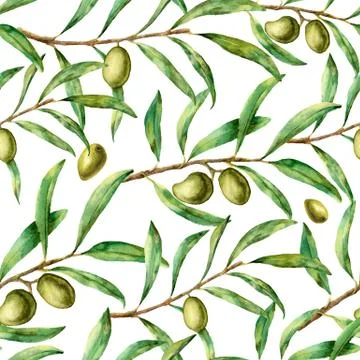 Watercolor olive pattern. Hand painted seamless  floral ornament with olive berr Illustrazione stock