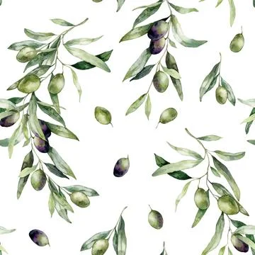 Watercolor olive seamless pattern of branches, black and green berries. Han.. Stock Illustration