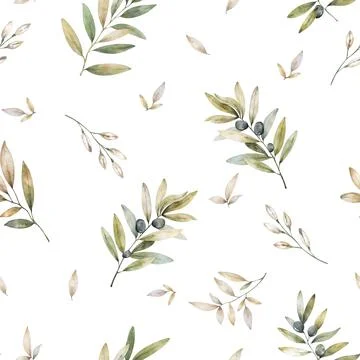 Watercolor olive seamless pattern. Hand drawn natural illustration. Green leaves Stock Illustration
