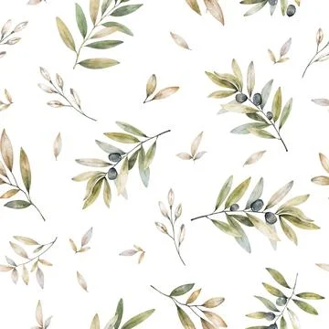 Watercolor olive seamless pattern. Hand drawn natural illustration. Green leaves Stock Illustration