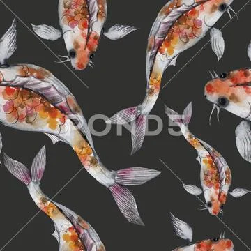 Watercolor oriental pattern with rainbow carps. Seamless oriental texture with Stock Illustrationen
