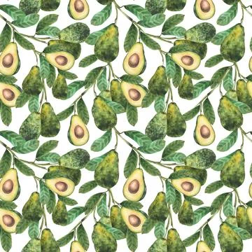 Watercolor painted avocado seamless pattern. Plant branch with whole and cu.. Stock Illustration