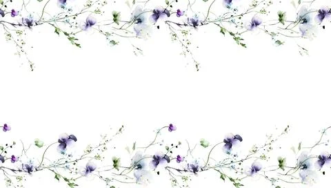 Watercolor painted floral rectangle frame on white background. Violet, blue wild Illustrazione stock