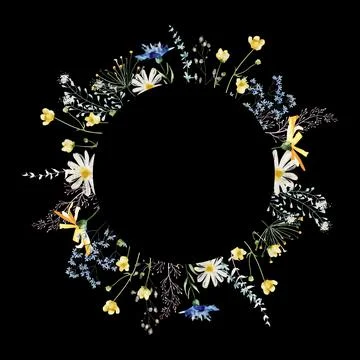Watercolor painted floral round frame on black background. Blue and yellow wild Stock Illustration