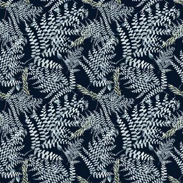 Watercolor painted floral seamless pattern. Blue tender leaves, branches and Illustrazione stock