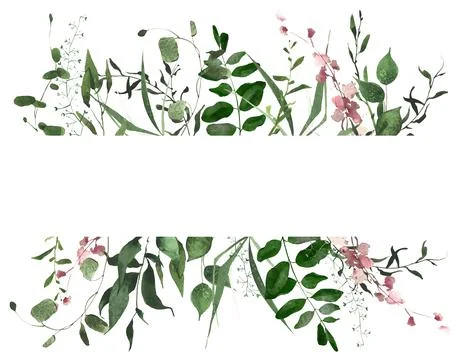 Watercolor painted greenery rectangle frame on white background. Green wild Stock Illustration