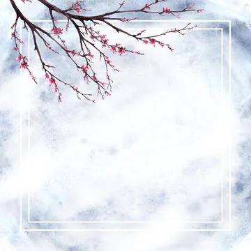 Watercolor painted spring sakura brunch, cherry flowers trees. Card template Stock Illustration