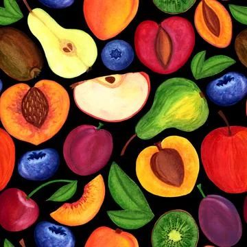 Watercolor painted thick pattern with drupe, kiwi, berry Stock Illustration