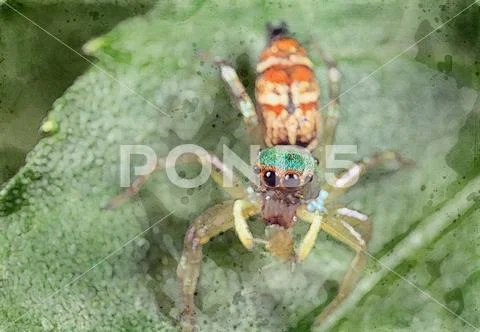 Watercolor Painting of Colorful Jumping Spider with Prey on Green Leaf Stock Photos
