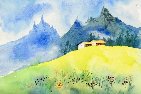 Watercolor painting of home, mountains Stock Illustration