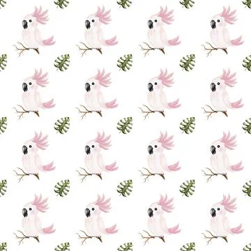 Watercolor parrot and leaf pattern for textile print and wallpaper design 스톡 일러스트