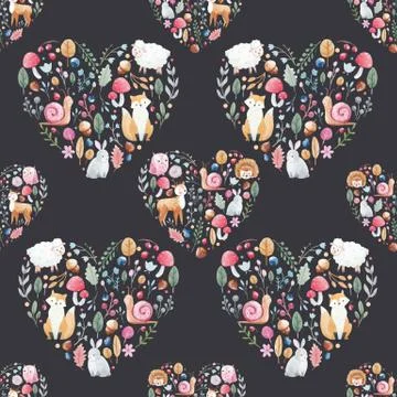Watercolor pattern with animals flowers Stock Illustration