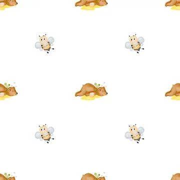 Watercolor pattern with bear and bee. Cute hand drawn animal honey and insect in Illustrazione stock