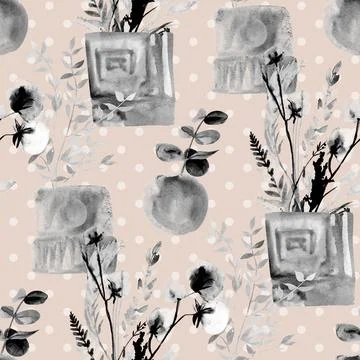 Watercolor pattern in black and white shades with branches of dried flowers and Stock Illustration