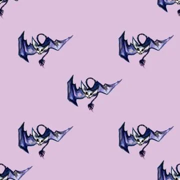 Watercolor pattern with blue bats on a light background. Seamless background for Stock Illustration