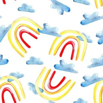 Watercolor pattern with blue clouds and rainbow arches in red and yellow sh.. Illustrazione stock