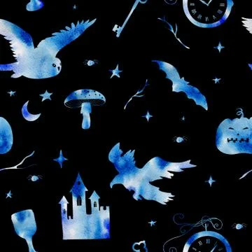 Watercolor pattern of blue elements for a holiday of Halloween on a black bac Illustrazione stock