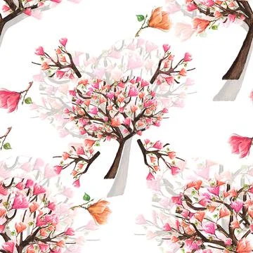 Watercolor pattern of a branch and trees with flowers pink magnolia on white Stock Illustration