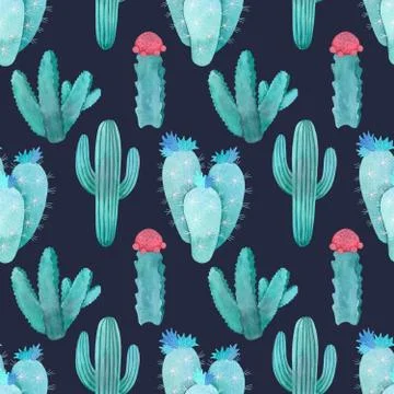 Watercolor Pattern Cactus Set green blue, pink and violet colors Stock Illustration