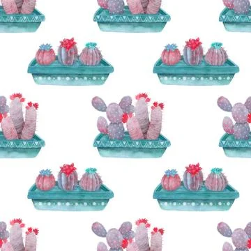 Watercolor Pattern Cactus Set green blue, pink and violet colors Stock Illustration