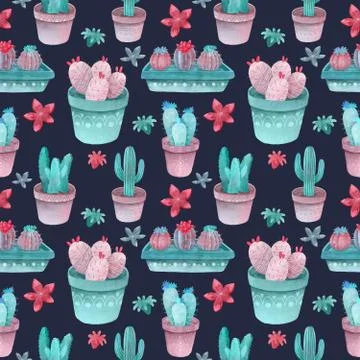 Watercolor Pattern Cactus Set green blue, pink and violet colors Stock Illustration