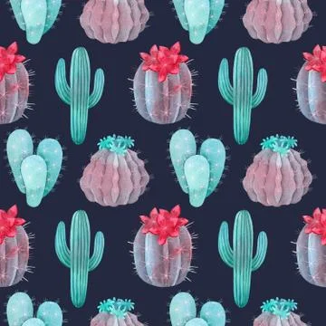 Watercolor Pattern Cactus Set green blue, pink and violet colors Stock Illustration