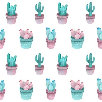 Watercolor Pattern Cactus Set green blue, pink and violet colors Stock Illustration