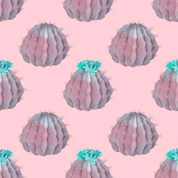 Watercolor Pattern Cactus Set green blue, pink and violet colors Stock Illustration