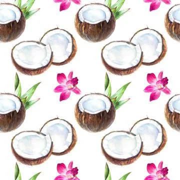 Watercolor pattern with coconuts and tropical flowers in a seamless design Stock Illustration