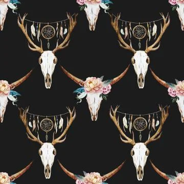 Watercolor pattern with deer head Stock Illustration