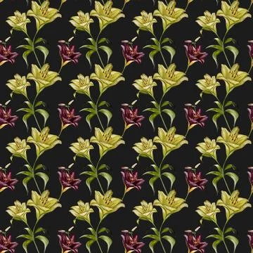 Watercolor pattern design featuring lilies on a dark background for textile.. Stock-Illustration
