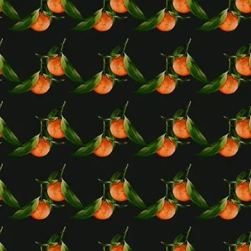Watercolor pattern design featuring tangerines and vibrant green leaves on .. Stock Illustration