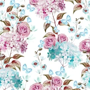 Watercolor pattern with the different hudrangea flowers and roses. Stock Illustration