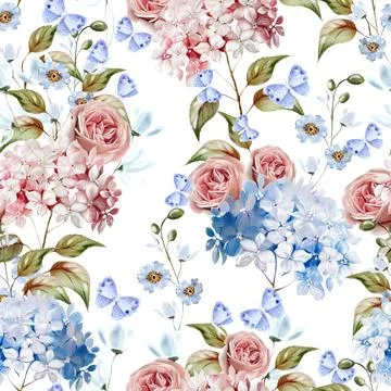 Watercolor pattern with the different hudrangea flowers and roses. Stock Illustration