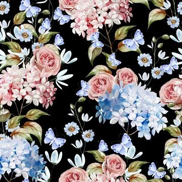 Watercolor pattern with the different hudrangea flowers and roses. Stock Illustration