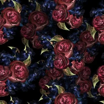 Watercolor pattern with the different hudrangea flowers and roses. Stock Illustration