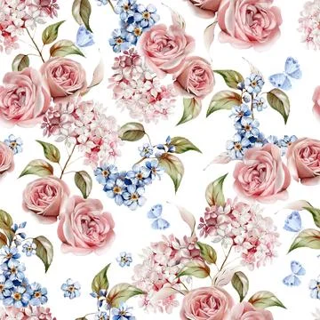 Watercolor pattern with the different hudrangea flowers and roses. Stock Illustration