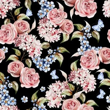 Watercolor pattern with the different hudrangea flowers and roses. Stock Illustration