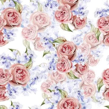 Watercolor pattern with the different hudrangea flowers and roses. Illustrazione stock
